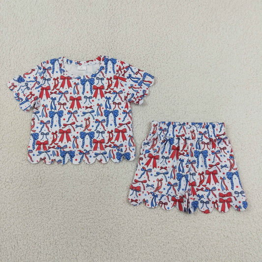 GSSO3548 Scallop July 4th Red Blue Bows Short Sleeve Shorts Girls Set