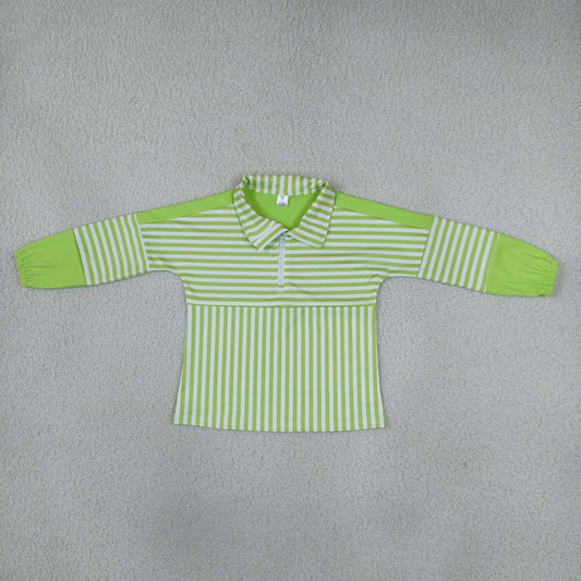 GT1718 Green Striped Zipper Long Sleeve Girls Top