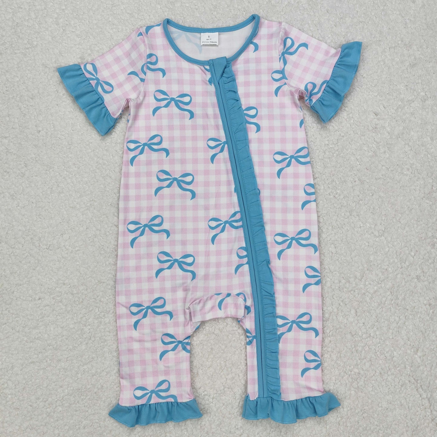 SR2026 blue bows pink checkered short sleeve zipper girls ruffles romper
