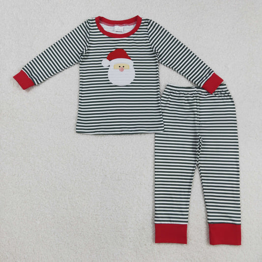 embroidery BLP1126 Christmas Santa green striped long sleeve pants boys pajamas