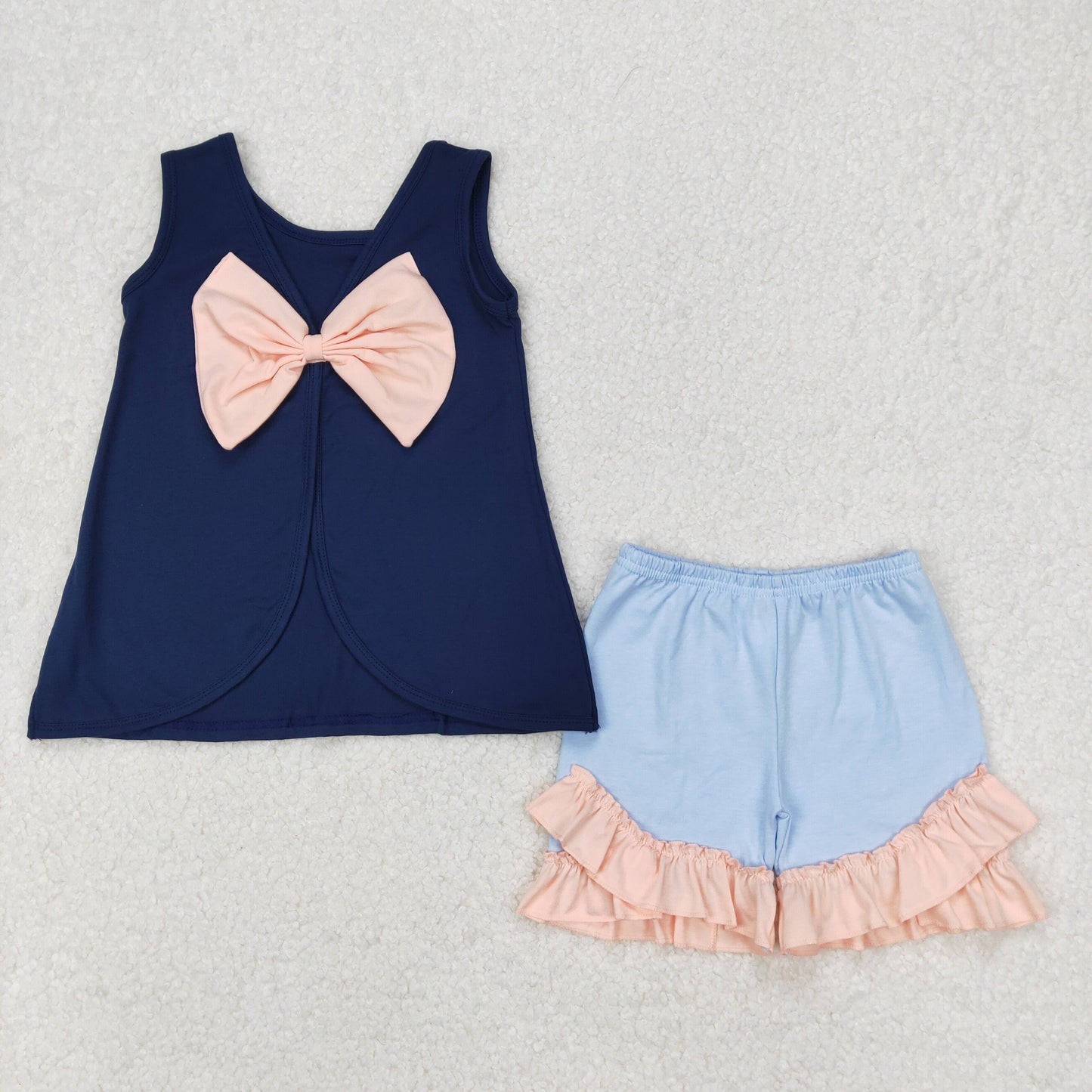 GSSO2272 navy blue sleeeveless with pink bow blue shorts girls set