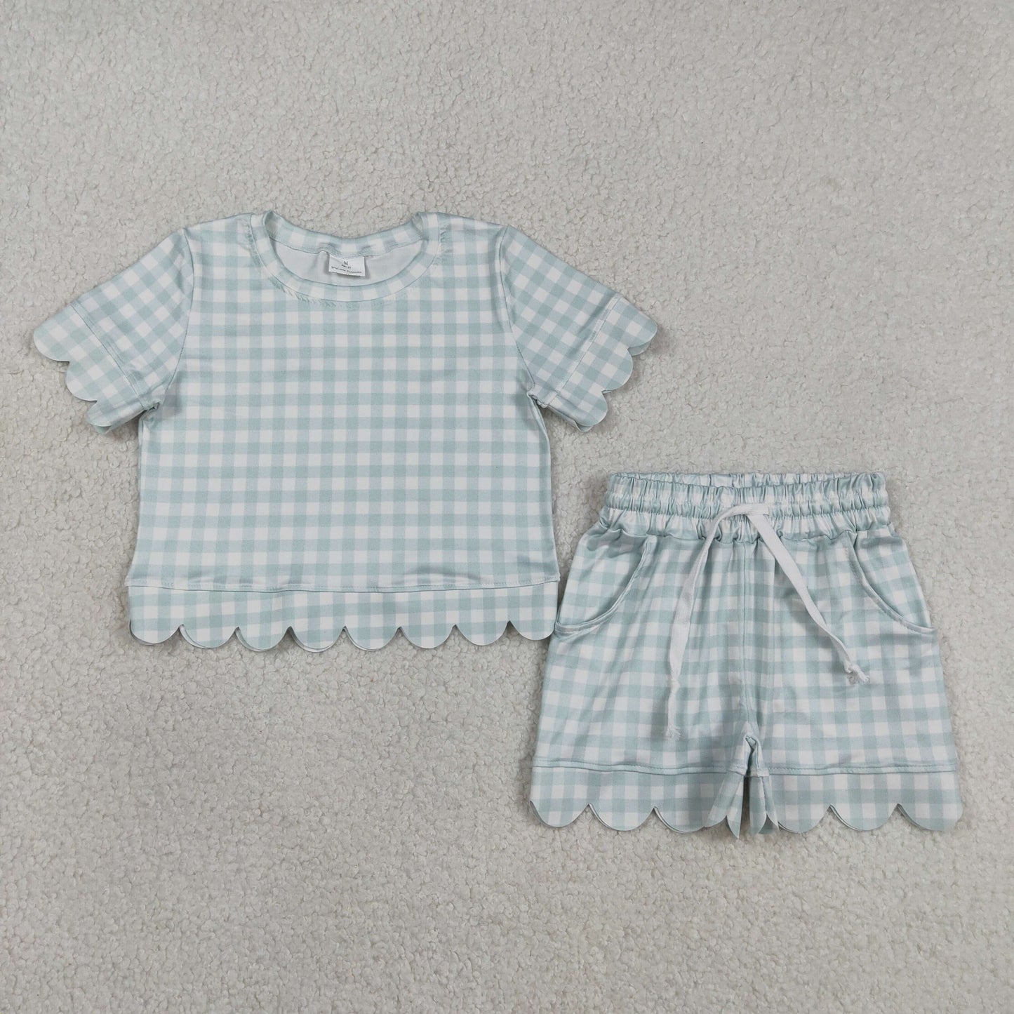 GSSO3184 Scallop Blue Checkered Short Sleeve Shorts Girls Set