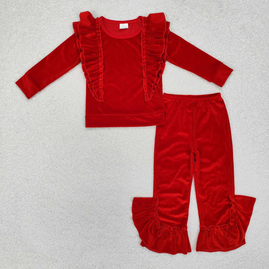 GLP2164 Christmas red velvet ruffles long sleeve pants girls set