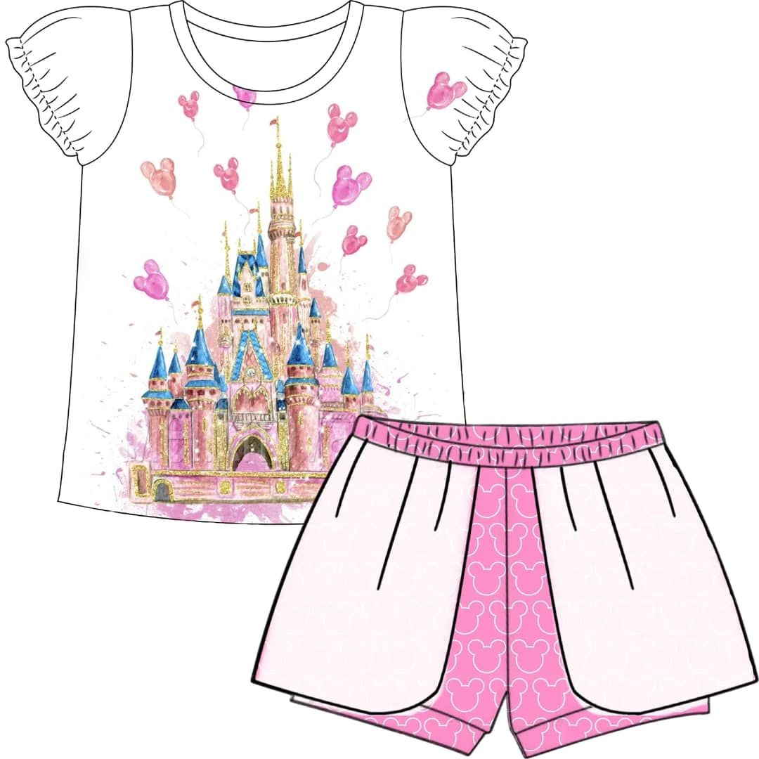 custom style cartoon castle short sleeve pink shorts girls set tat 6-8 weeks