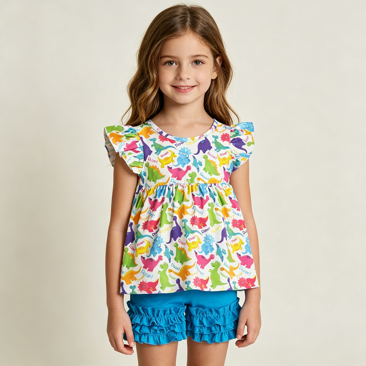 D11-27 Adorable Dino Print Blue Shorts Girls Set