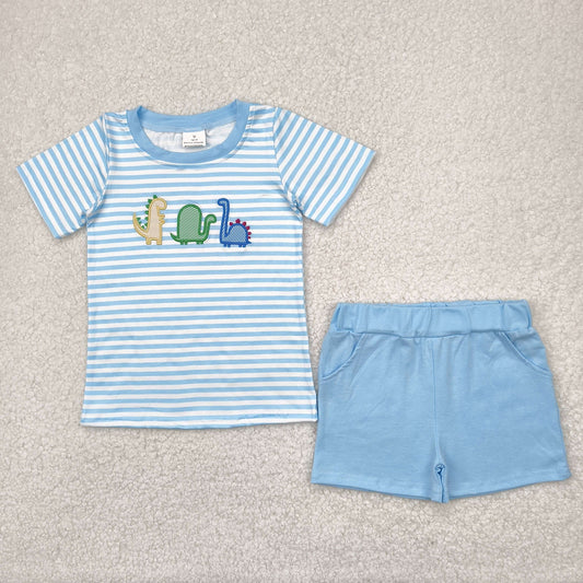 BSSO1375 embroidery cute cartoon dinosaur blue striped short sleeve shorts boys set