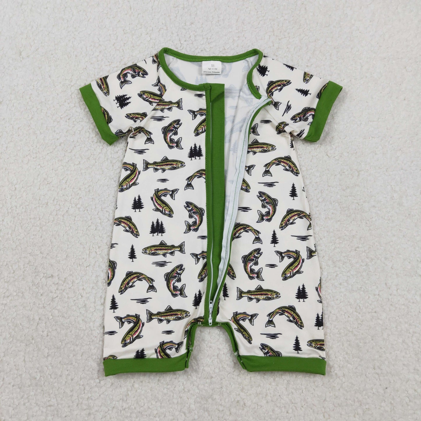 SR3095 cartoon fishing green short sleeve zipper boys romper