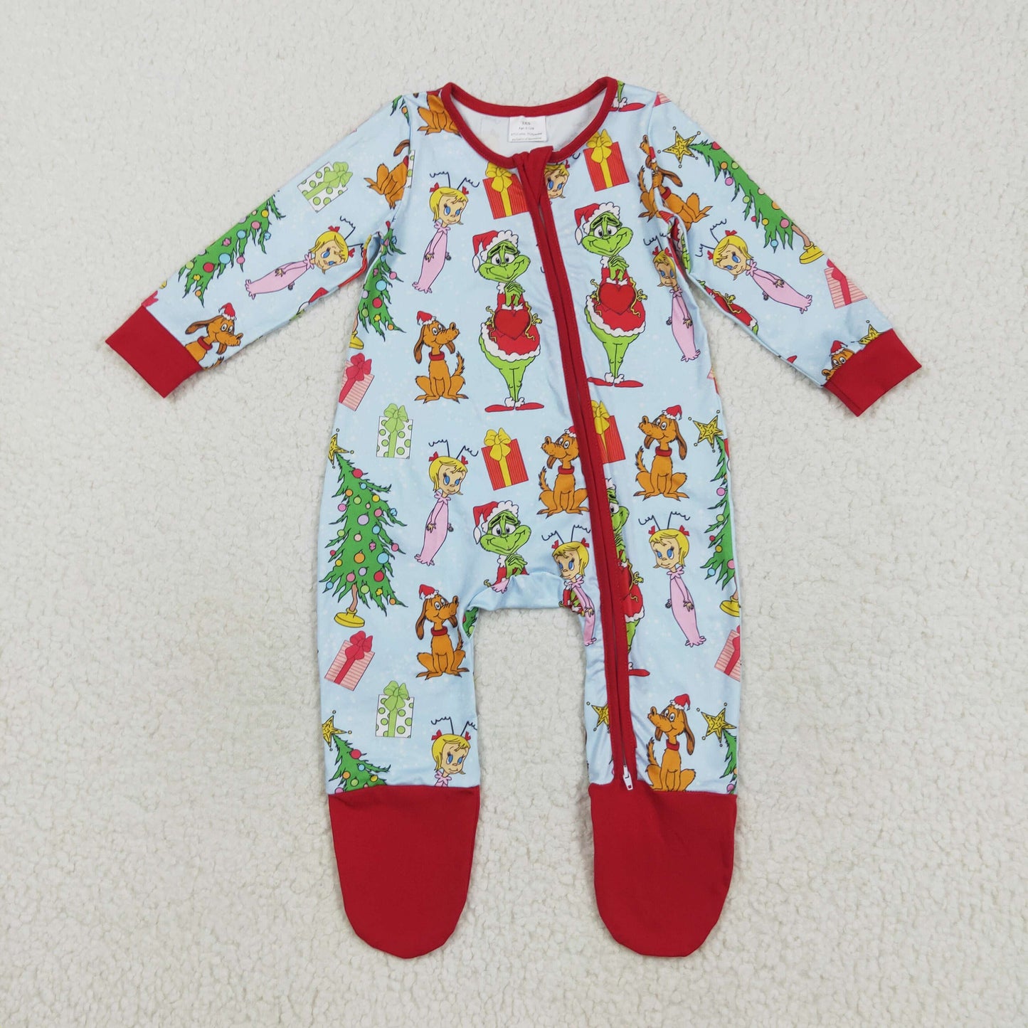 LR2478 Christmas green face tree red blue zipper long sleeve girls romper