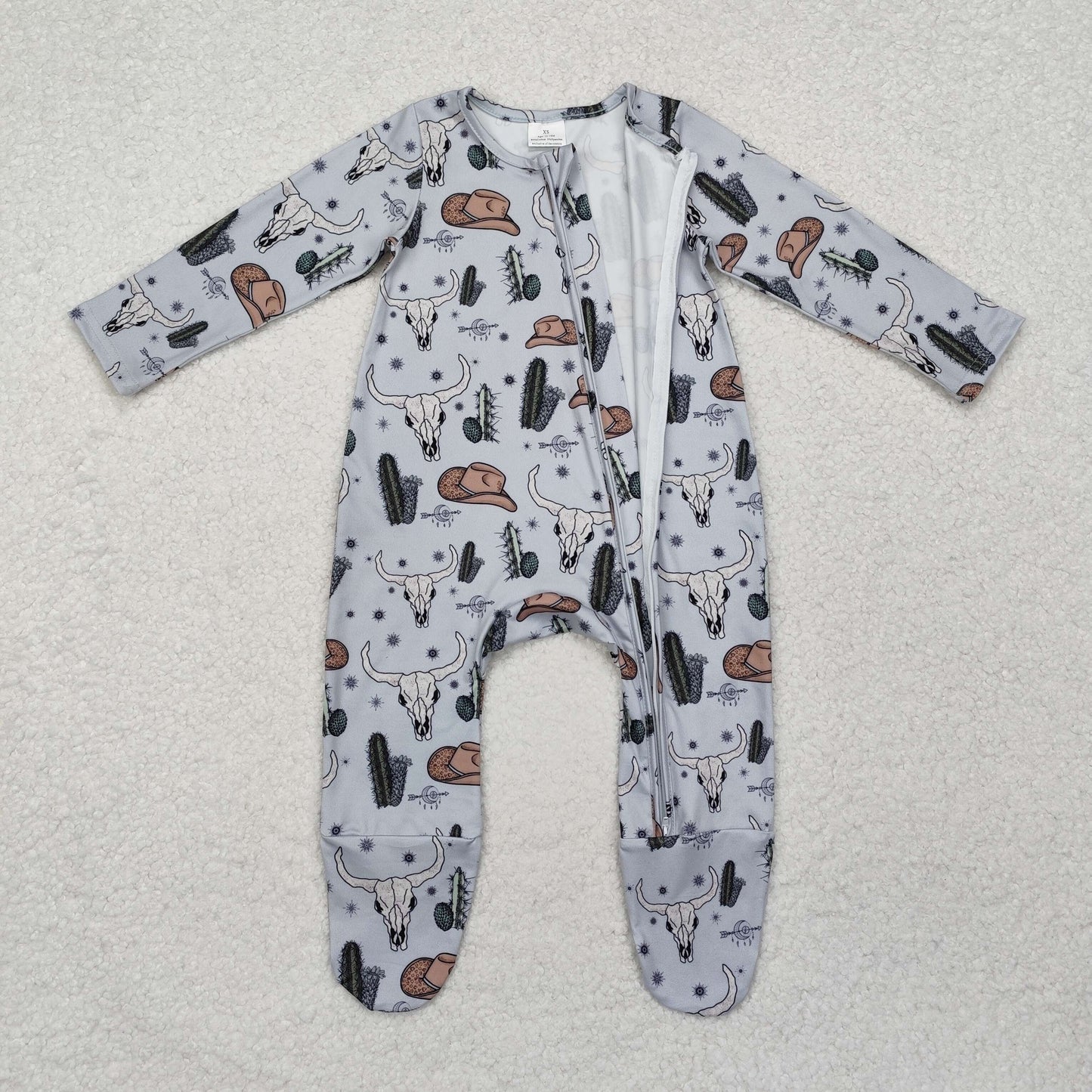 LR2098 Western cow cactus hat long sleeve zipper boys romper