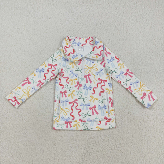 GT1065 yoga colorful bows long sleeve zipper girls top