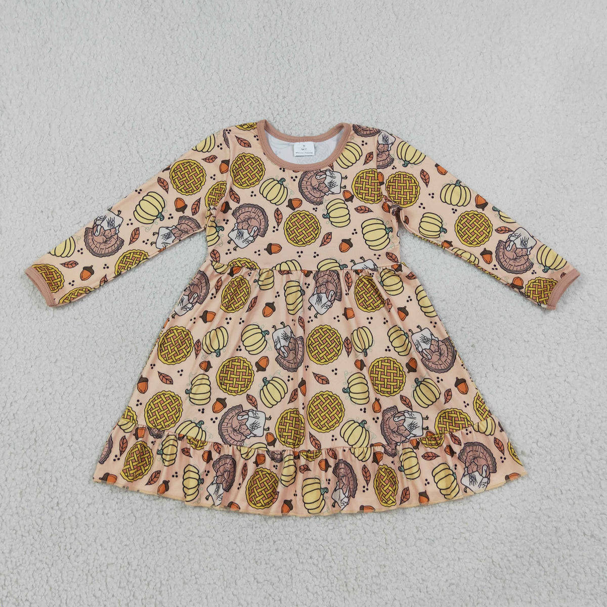GLD1691 Thanksgiving Turkey Pumpkin Long Sleeve Girls Dress