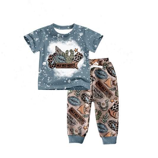 Preorder BSPO0306 Western Cactus Boot Hat Grey Blue Short Sleeve Pockets Pants Boys Set