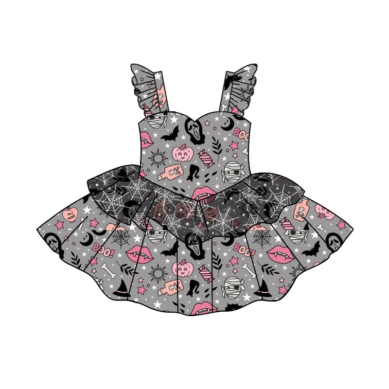 custom S 8.15 Halloween bat pumpkin flutter sleeve girls dress