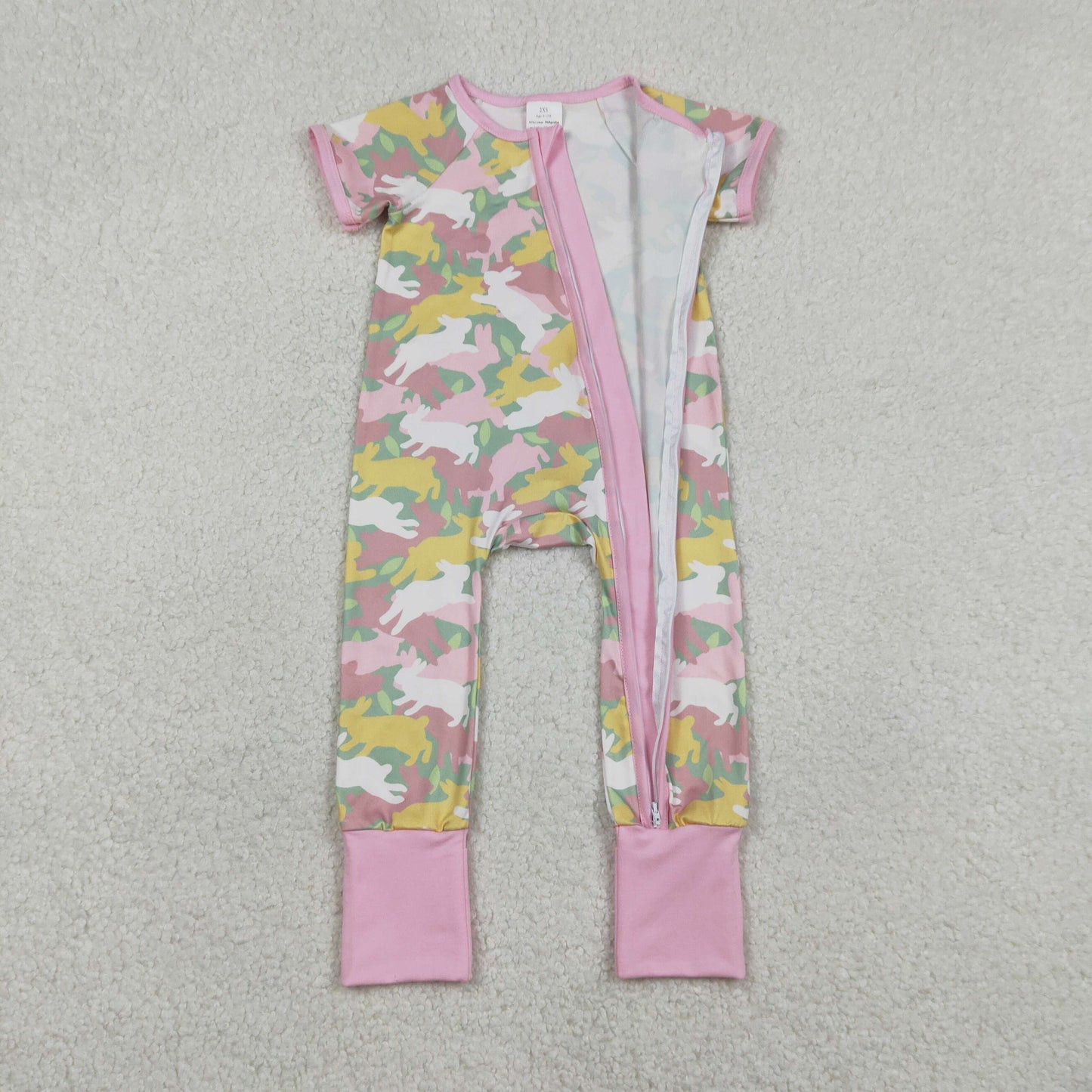 SR3715 Easter Bunny Rabbit Camo Pink Zipper Short Sleeve Girls Romper