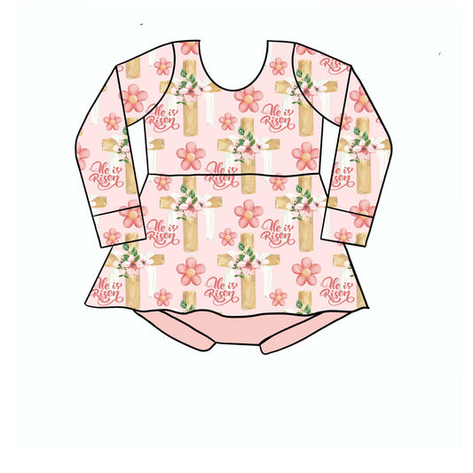 Custom Easter Cross Flowers Pink Long Sleeve Girls Romper
