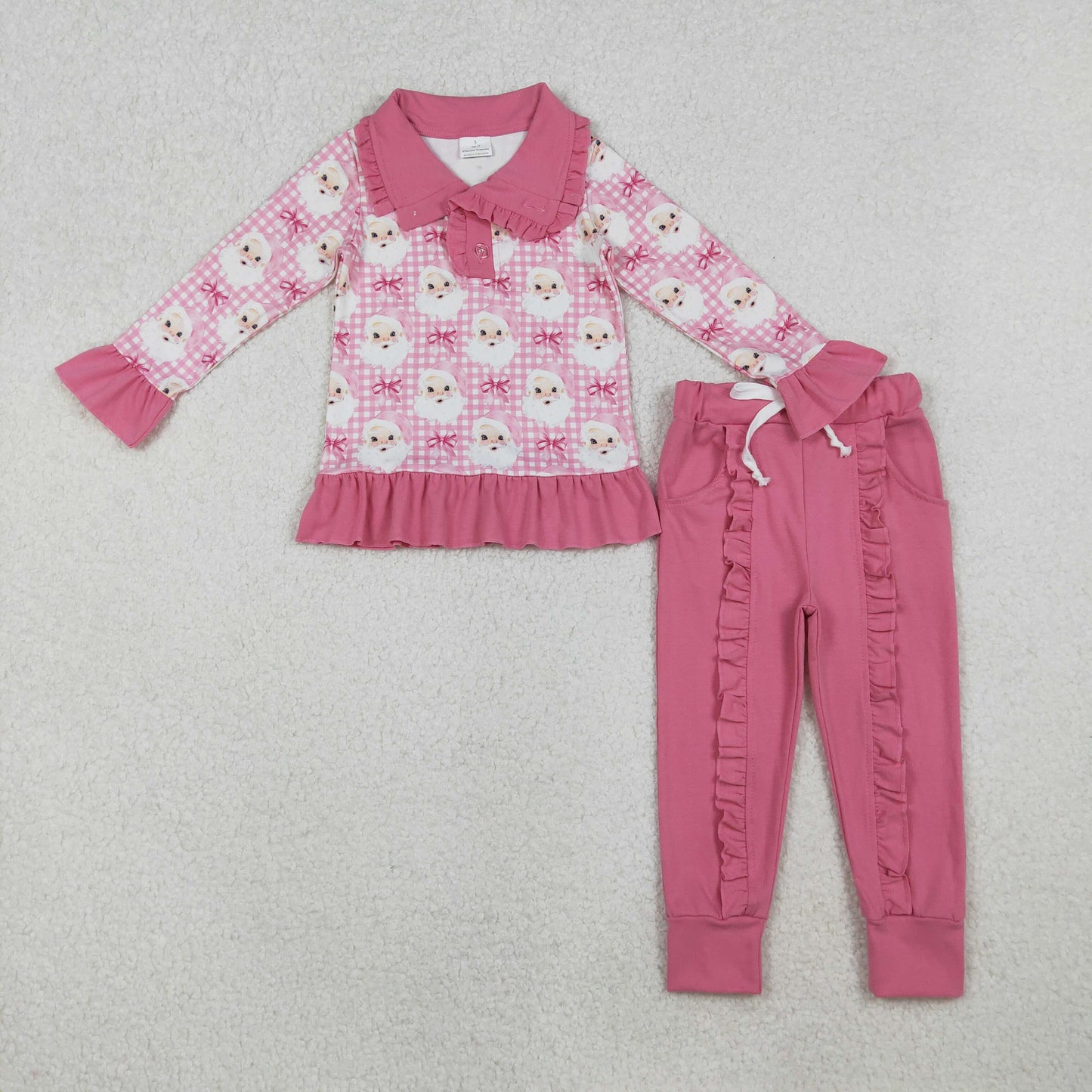 GLP2881 Christmas Santa pink checkered long sleeve pants girls set