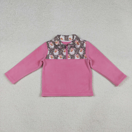 GT1151 sherpa Christmas Santa leopard pink zipper long sleeve girls top