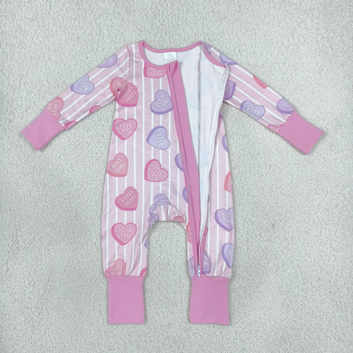 LR3325 Valentine's Day Heart Pink Striped Zipper Long Sleeve Girls Romper