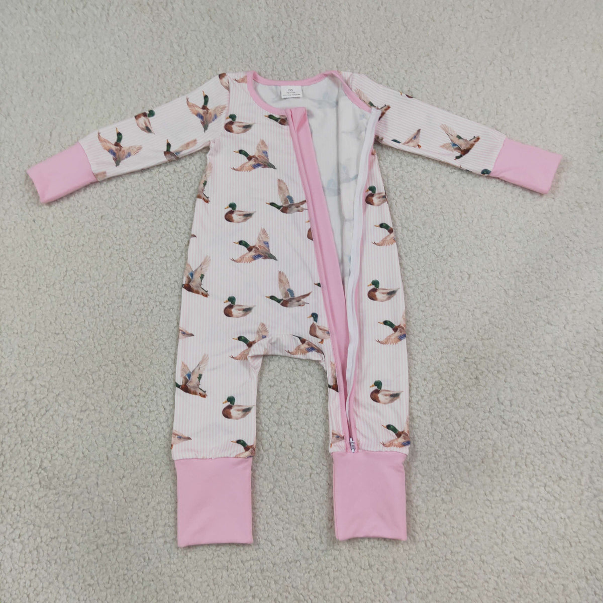 LR3218 Mallard Duck Pink Zipper Long Sleeve Girls Romper