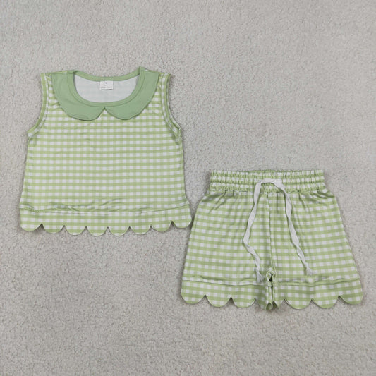 GSSO3398 Scallop Green Checkered Sleeveless Shorts Girls Set