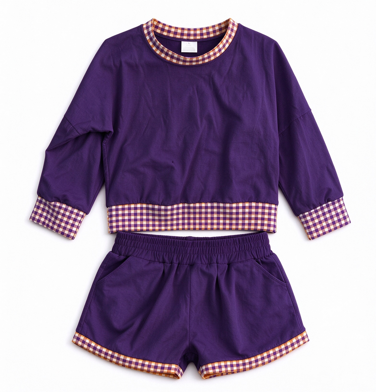 Custom Moq 8 Cotton Purple Long Sleeve Shorts Girls Set