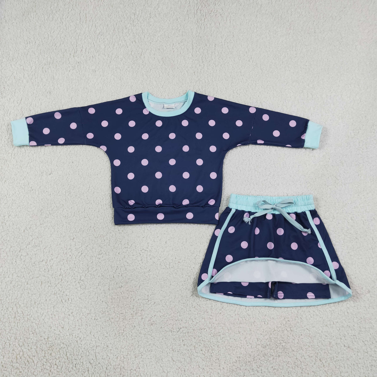 GLD1762 Pink Dot Navy Blue Long Sleeve Shorts Girls Set