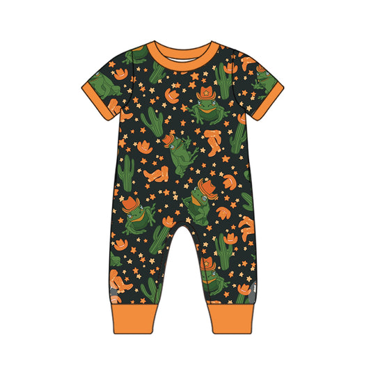 preorder Western Cactus Frog Star Hat Orange Short Sleeve Boys Romper