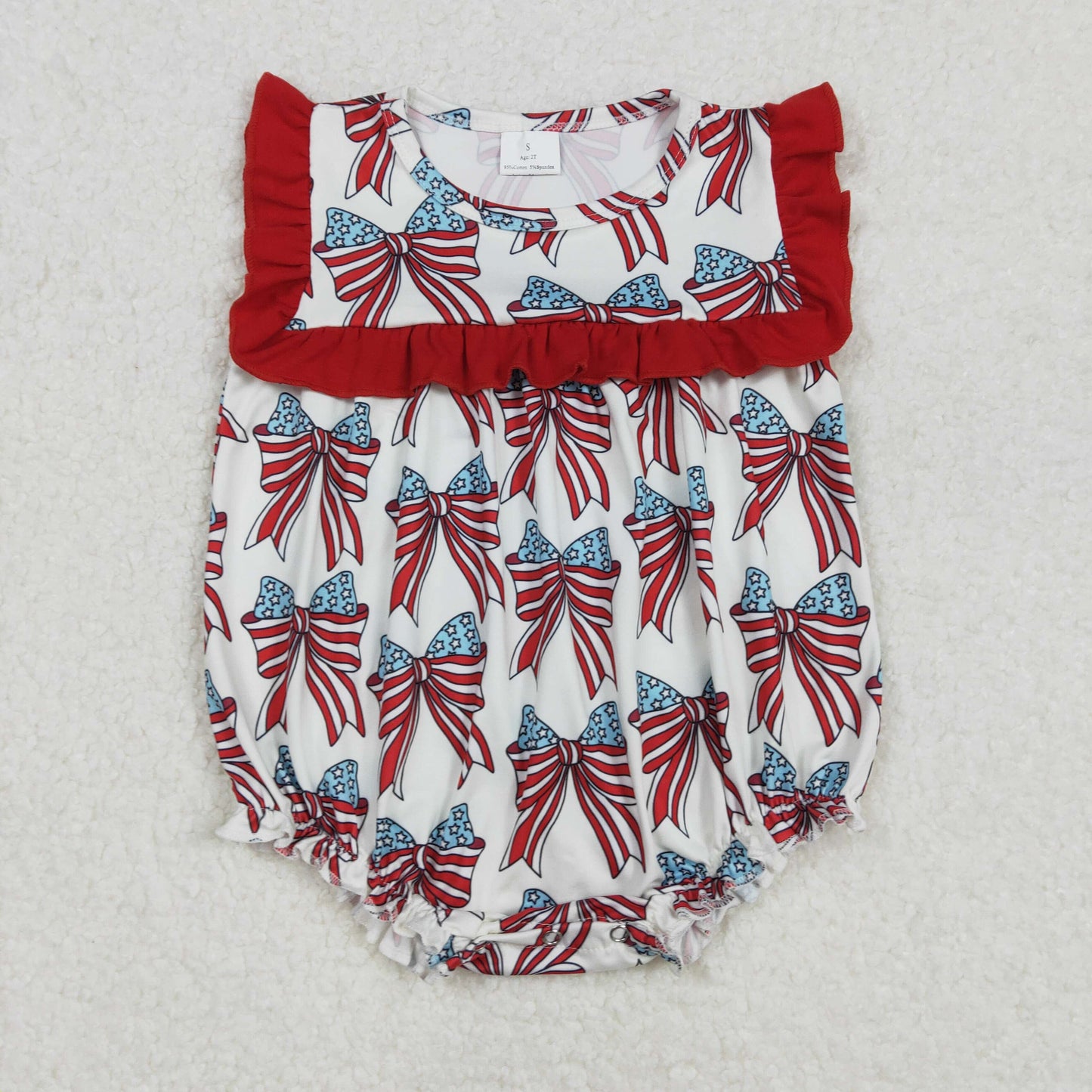 SR2664 July 4th flag bows red ruffles girls romper