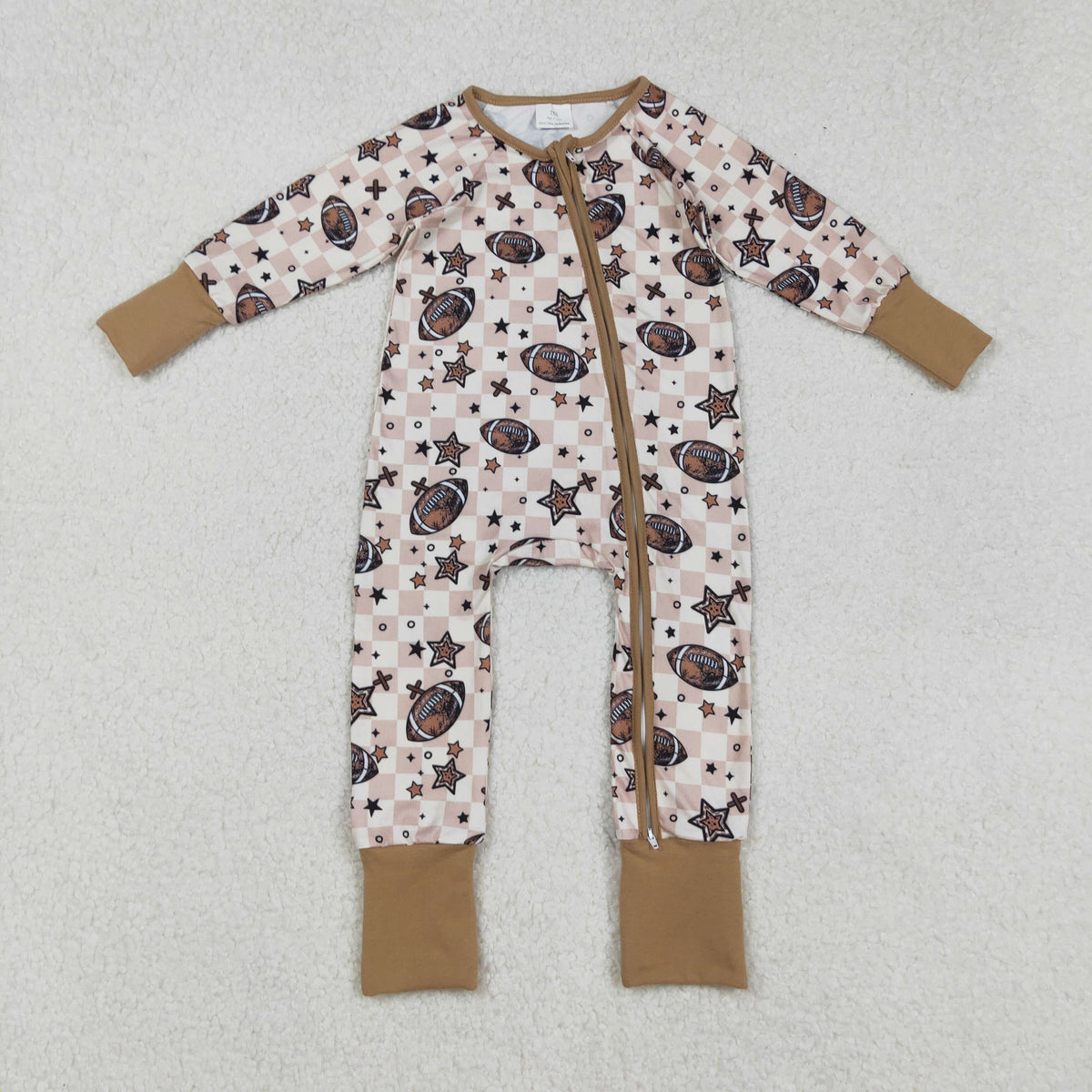 LR2548 football star checkered zipper long sleeve boys romper