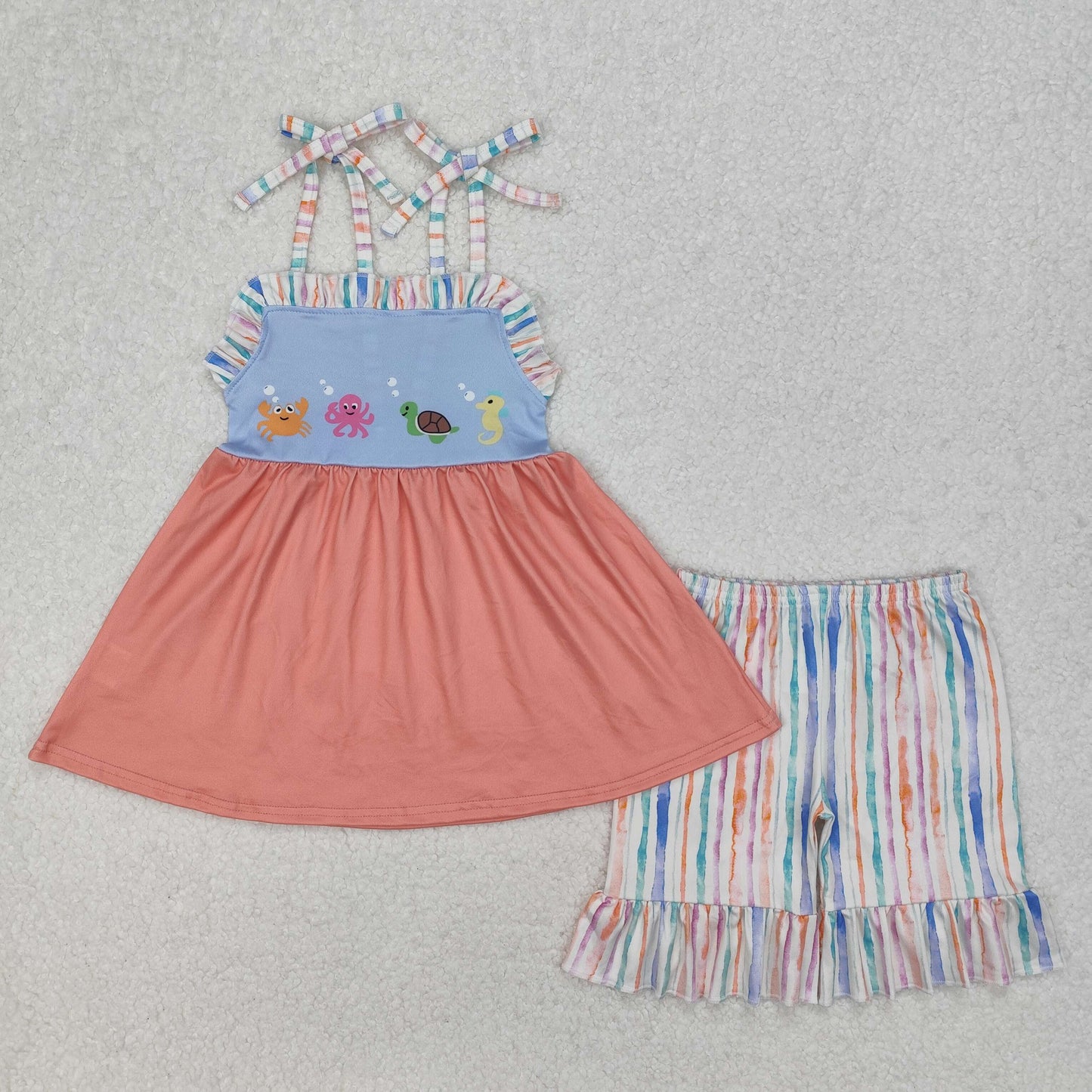 GSSO2016 Crab Octopus Turtle Seahorse orange straps striped shorts girls set