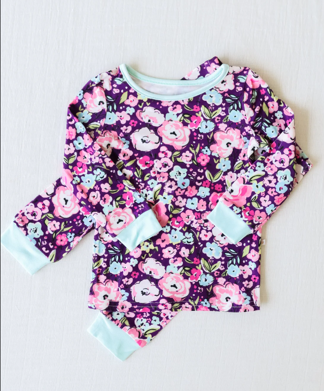custom 11.11 Colorful flowers purple long sleeve pants girls pajamas