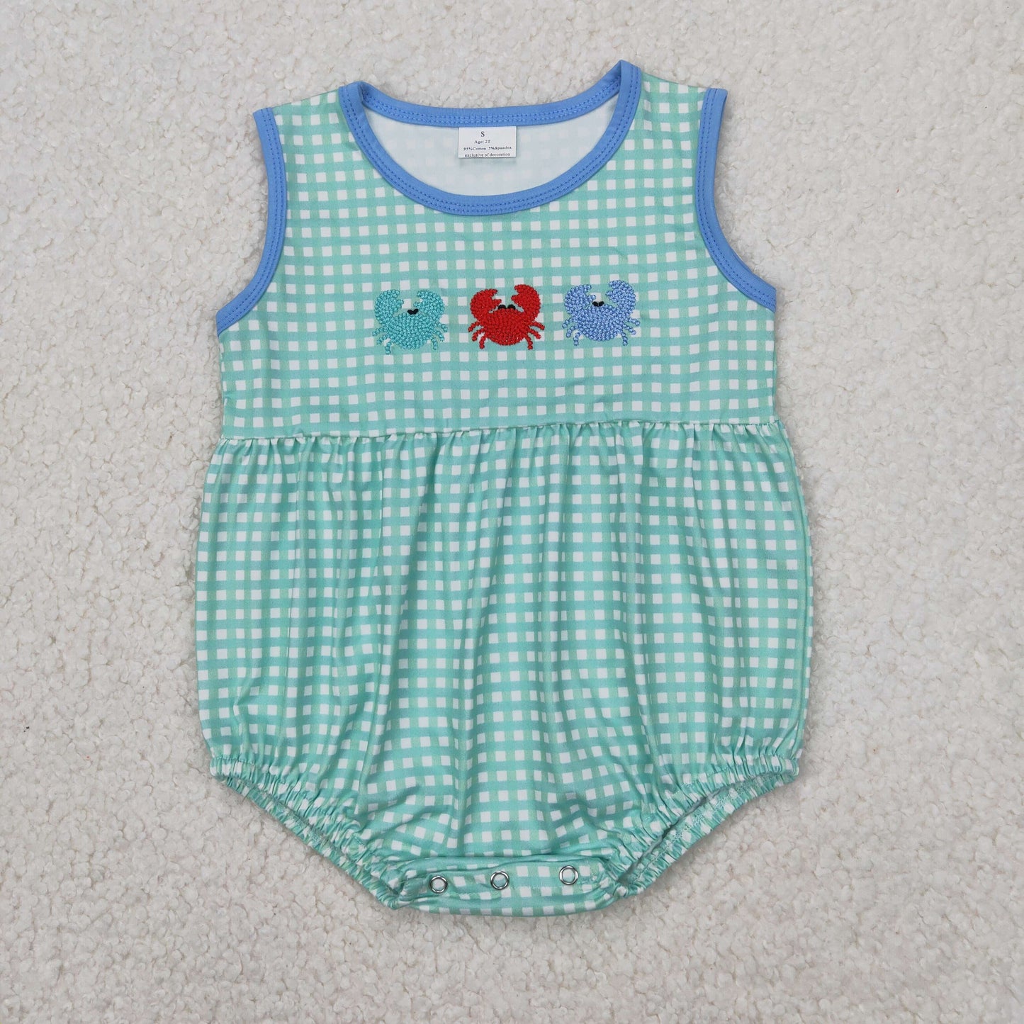 embroidery SR2660 cute crab sleeveless checkered boys romper