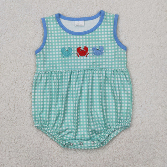 embroidery SR2660 cute crab sleeveless checkered boys romper