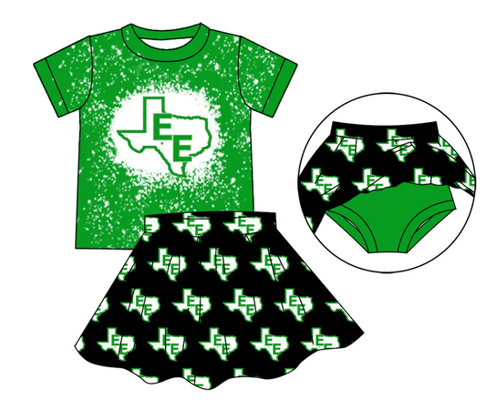 Custom Moq 5 football team E green short sleeve black skirt skorts girls set