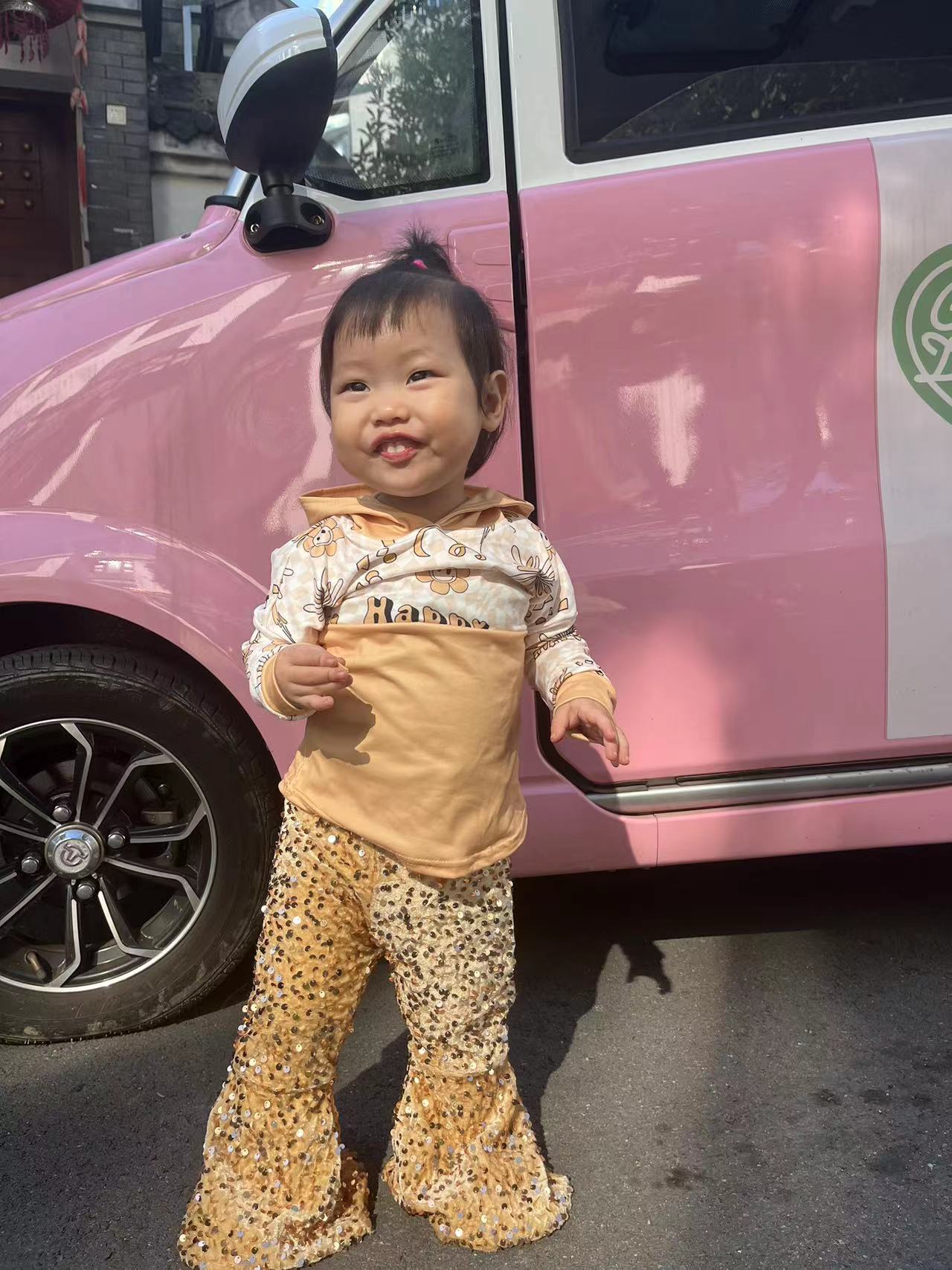 GLP1022 Happy new year yellow hoodie golden sequin pants girls set