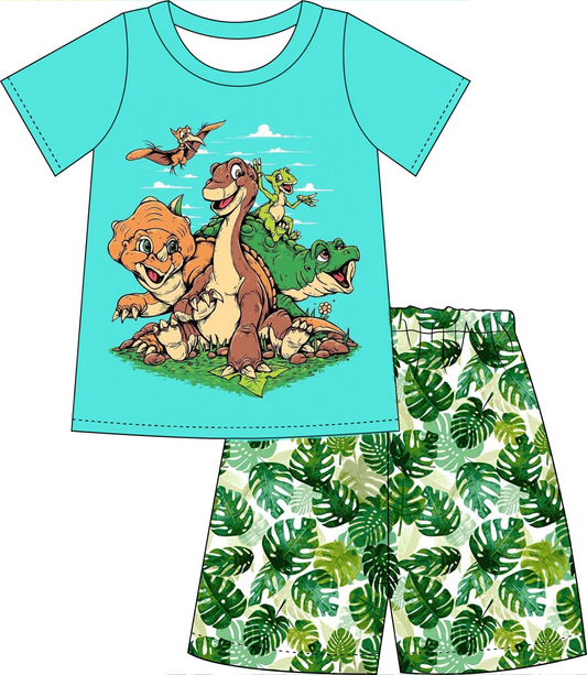 custom style dinosaur blue short sleeve green leaf shorts boys set tat 6-8 weeks