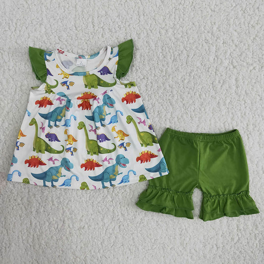 Adorable Dino Print Green Shorts Girls Set