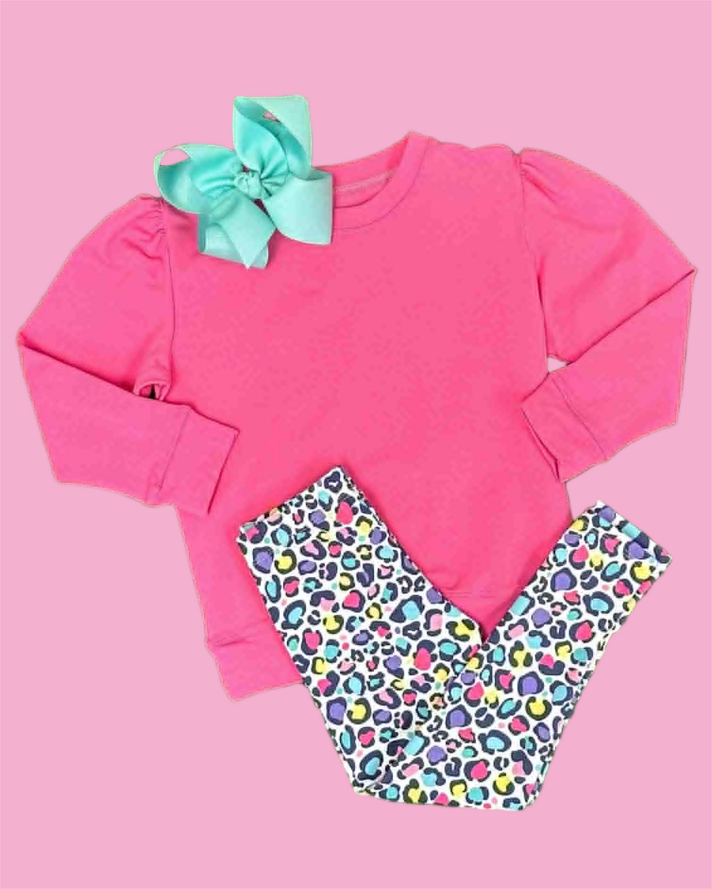 preorder hot pink long sleeve colorful leopard pants girls set