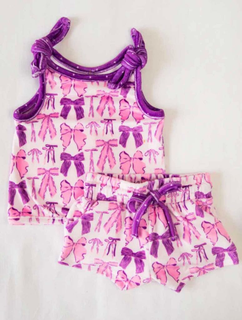 preorder pink bows purple bows sleeveelss shorts Summer girls set