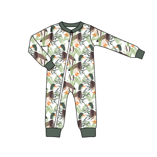 custom S mallard duck dark green long sleeve boys zipper romper