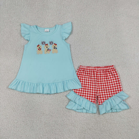 Embroidery GSSO3356 July 4th Firework Dog Blue Flutter Sleeve Red Checkered Shorts Girls Set
