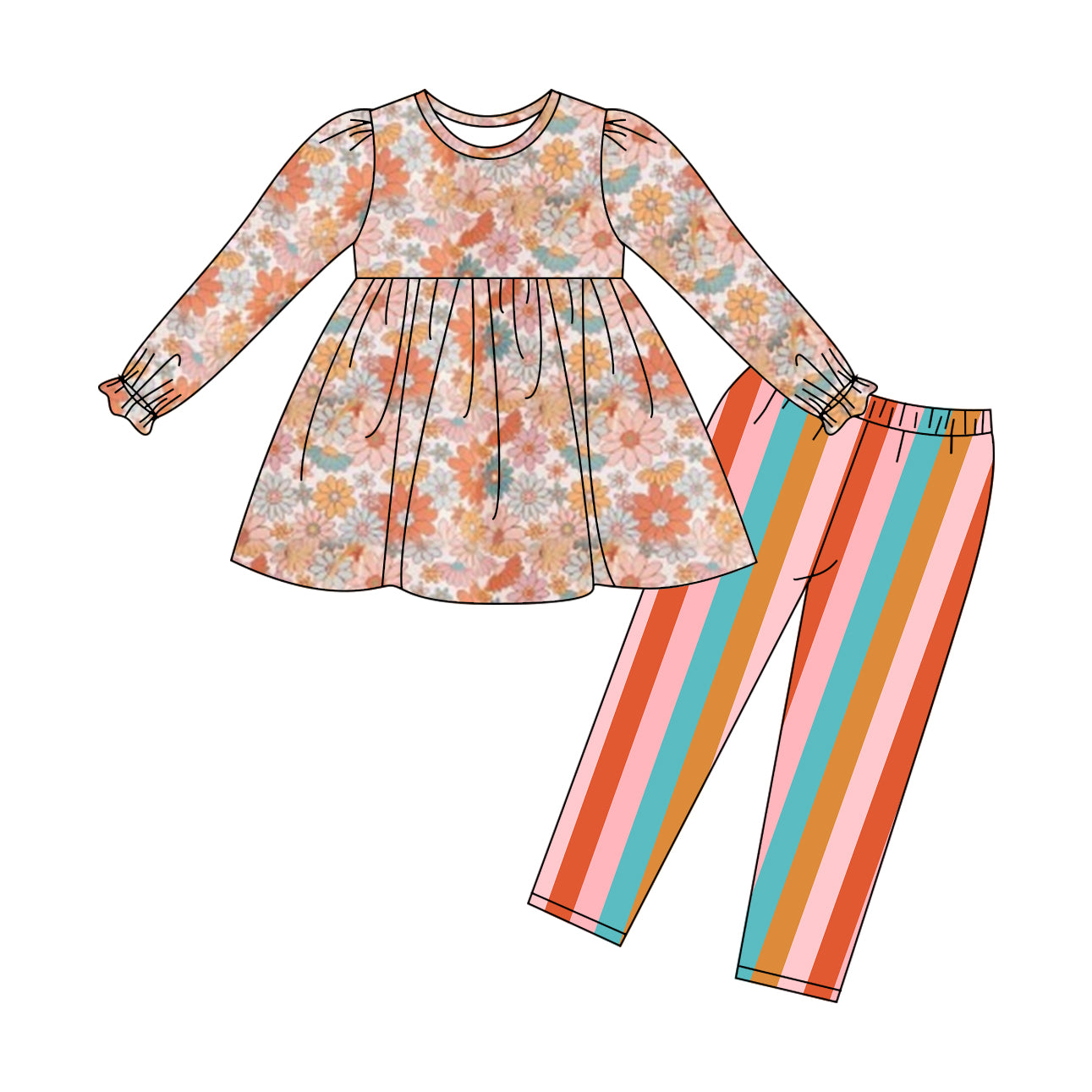 preorder GLP1565 colorful flowers long sleeve striped pants girls set