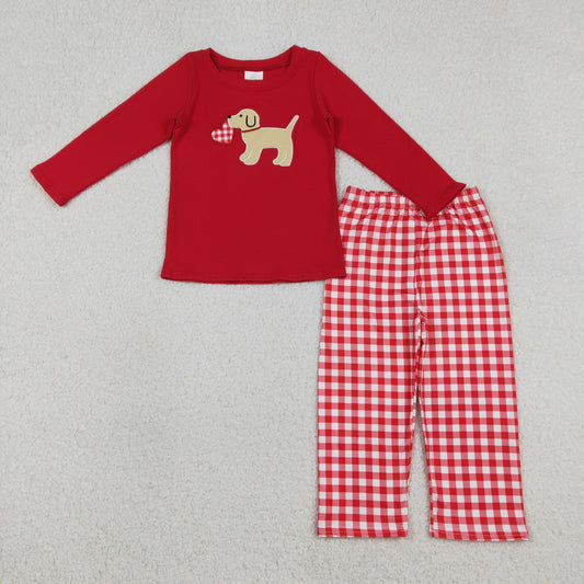 Embroidery BLP1397 Valentine's Day Dog Heart Red Long Sleeve Pants Boys Set