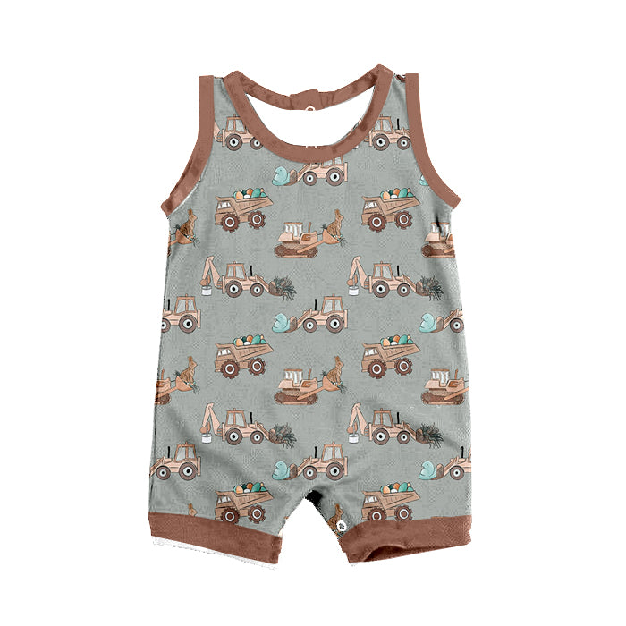 preorder SR0751 Easter Rabbit Egg Construction Truck Grey Sleeveless Boys Romper