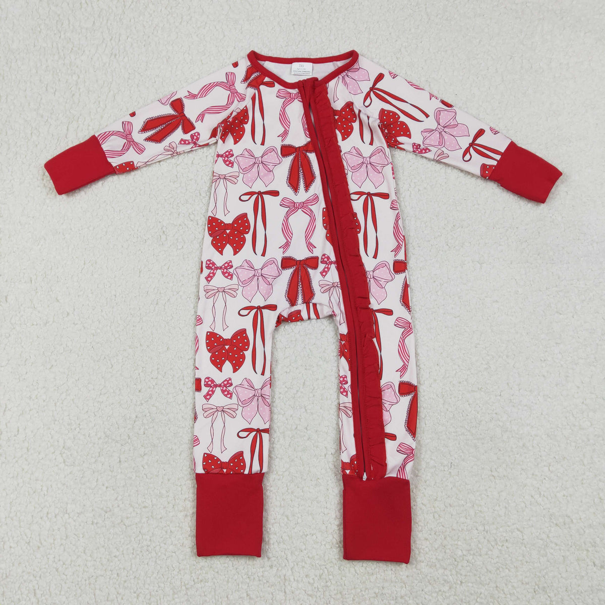 LR2780 red pink bows long sleeve zipper girls romper