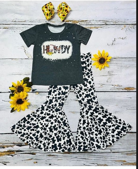 custom 11.11 Western Howdy cow black short sleeve cow print pants girls set