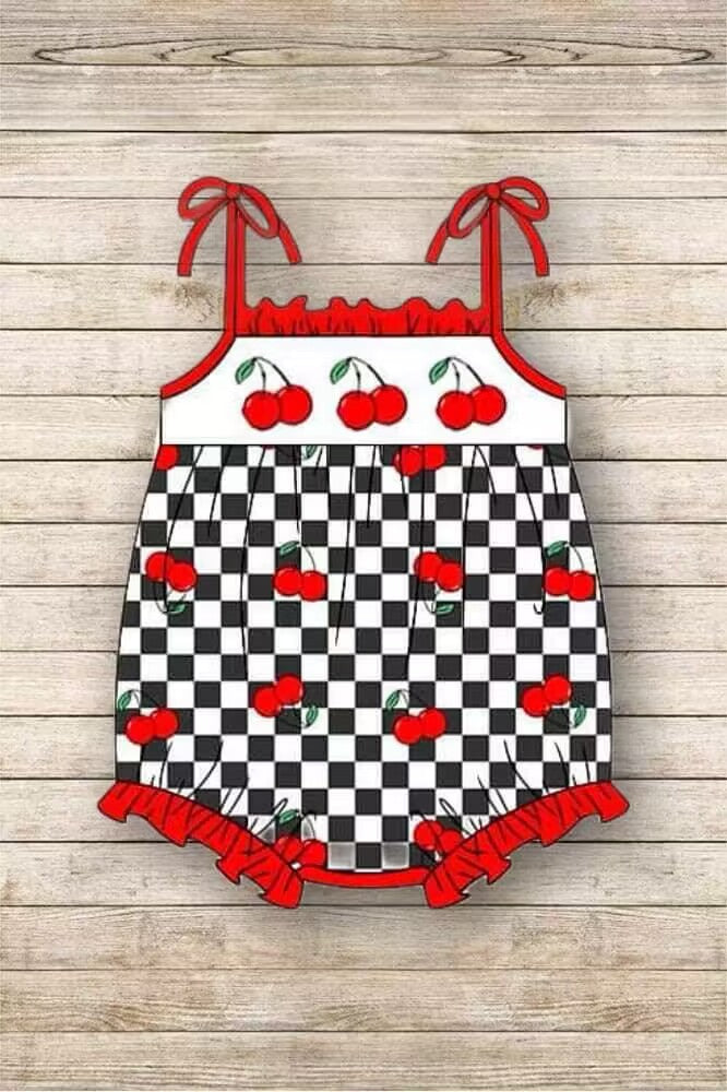 custom style red cherry black checkered lace-up girls romper