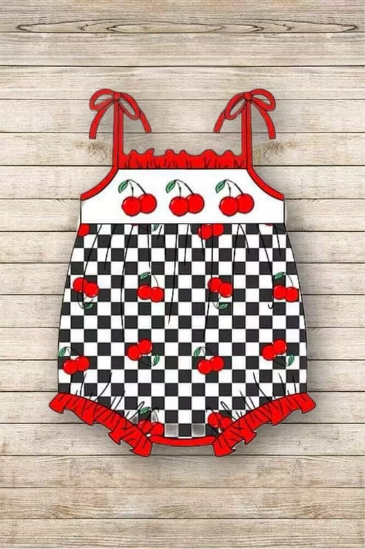custom style red cherry black checkered lace-up girls romper