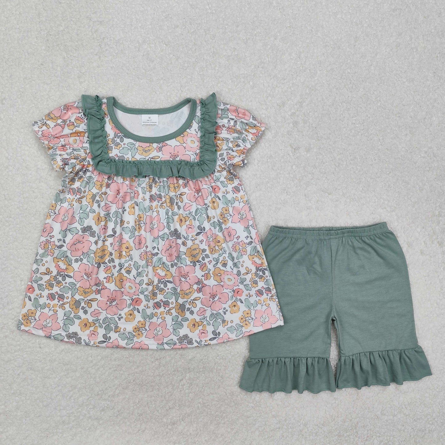 GSSO1607 Pink Flowers Ruffles Floral Short Sleeve Green Shorts Girls Set