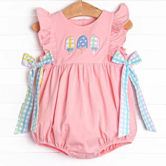 custom style cute ice pink flutter sleeve girls bows romper